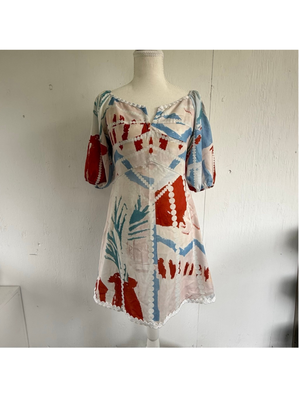 Abstract Print Puff-Sleeve Mini Dress - Red & Blue - Picture 5 of 12